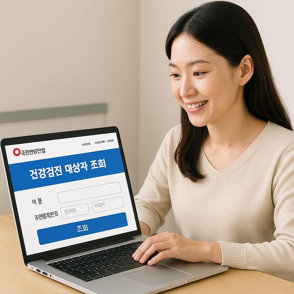 노트북으로 건강보험공단 홈페이지에서 건강검진 대상자를 조회 중인 30대 여성의 모습