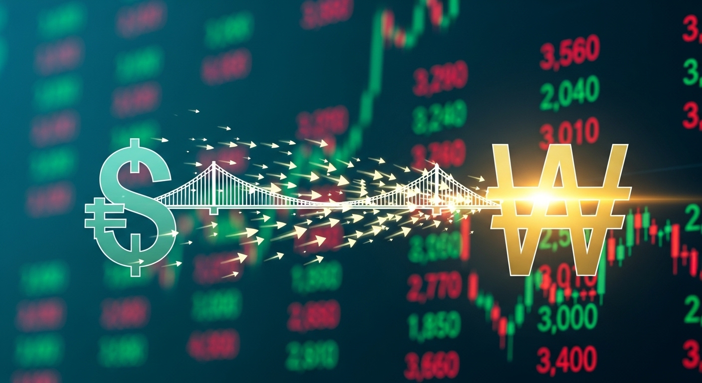 해외 통화에서 한국 원화로 자금이 유입되는 다리 위의 화살표. 해외 투자 자금의 국내 증시 유턴을 상징.