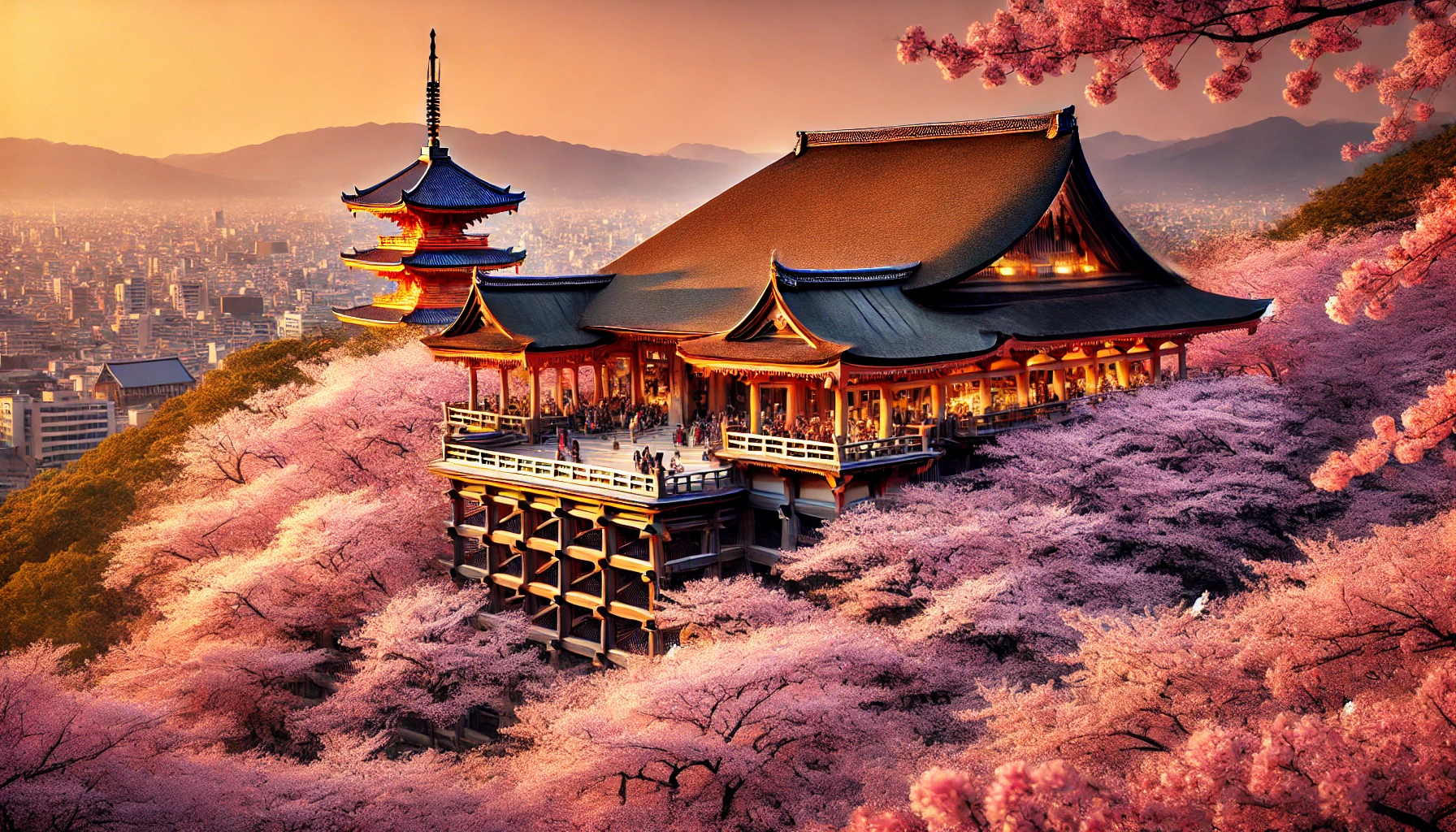 키요미즈데라 사원의 전통 건축물과 벚꽃이 어우러진 풍경