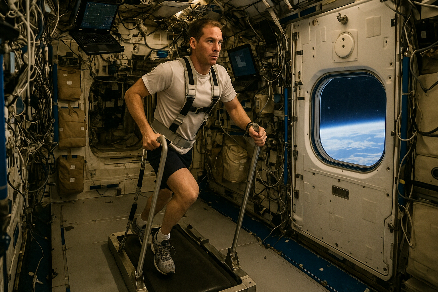 우주정거장에서 운동하는 우주인의 모습