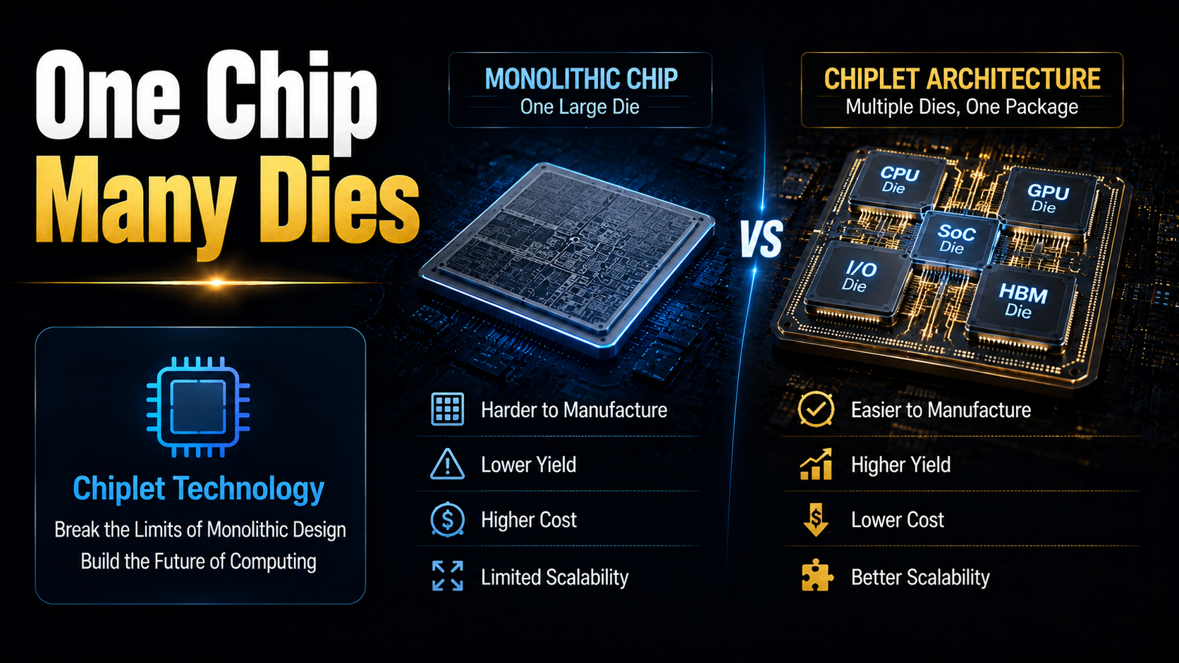 Comparison of a monolithic semiconductor chip and a chiplet-based processor with multiple interconnected dies.