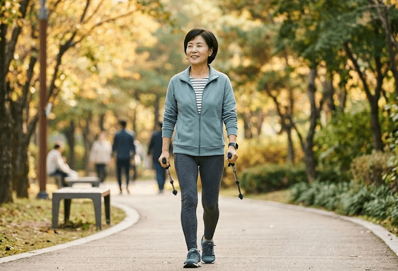 섬유근육통 완화를 위하여 비약물 치료 중 하나인 가벼운 유산소 운동 하고 있는 중년 여성