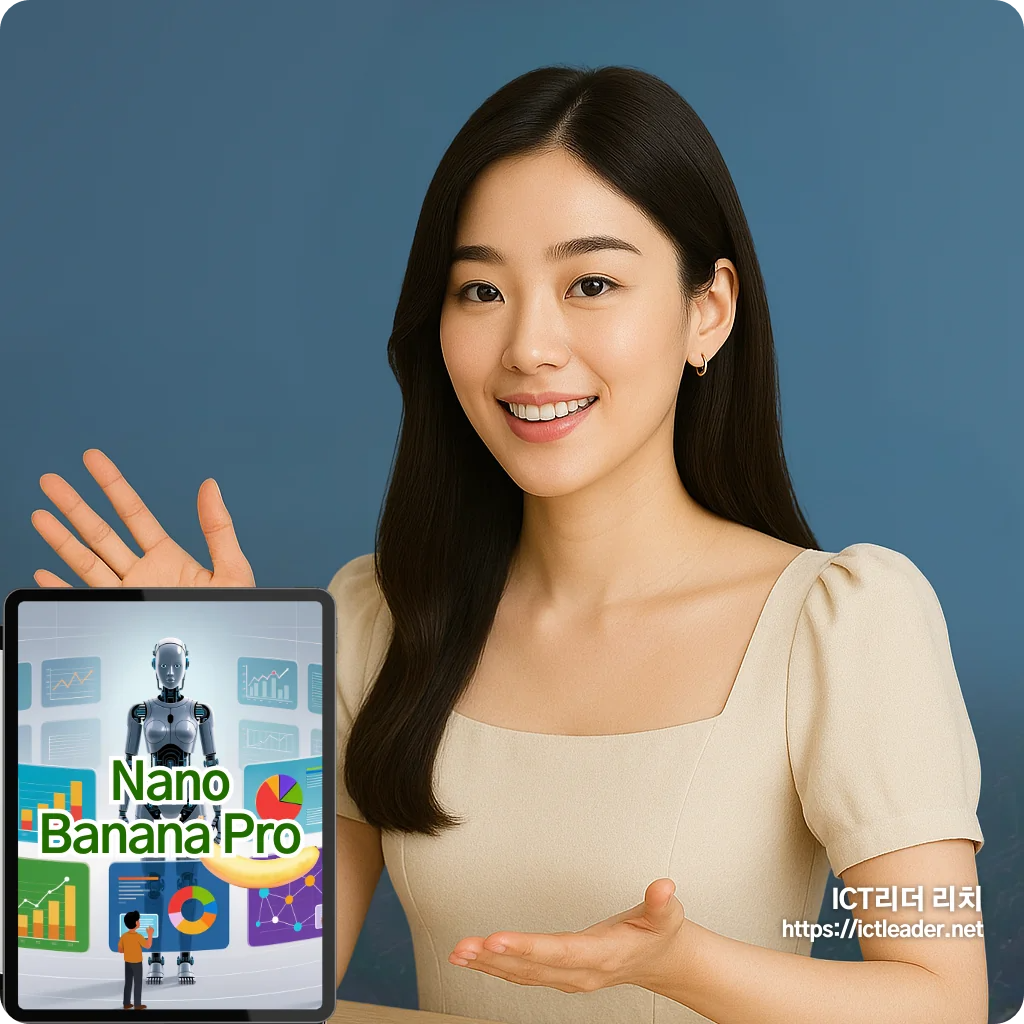 설명 중인 여성과 함께 보이는 아이패드 화면 &ndash; 인포그래픽 작업을 상징하는 대표 이미지