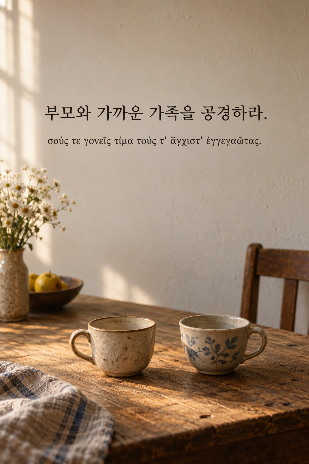 부모와 가까운 가족을 공경하라. 나무 식탁 위 도자기 잔 두 개와 따뜻한 햇빛 배경에 한국어와 그리스어 원문을 담은 피타고라스 학파 명언 이미지