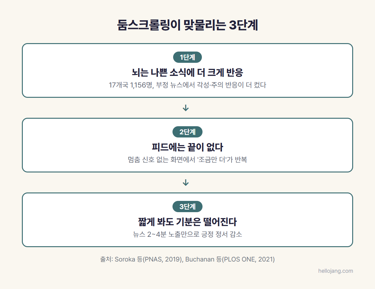 부정 뉴스에 더 크게 반응하는 뇌, 끝이 없는 피드, 짧은 노출만으로 떨어지는 기분이라는 둠스크롤링의 세 단계를 연구 수치와 함께 정리한 단계 그림