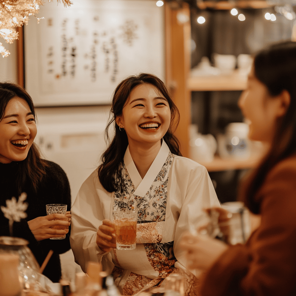 전통 복장을 입고 웃으며 음료를 나누는 여성들의 즐거운 대화