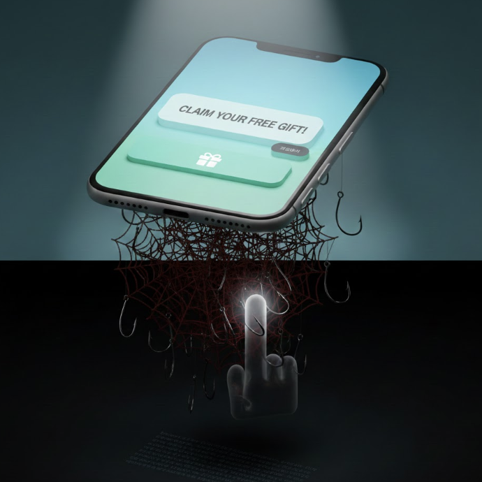 사용자의 실수를 유도하거나 정보를 숨겨서 원하지 않는 선택을 하게 만드는 기만적인 UI 디자인 기법인 '다크 패턴(Dark Pattern)'의 구조와 대표적인 사례를 풍자적으로 묘사한 3D 일러스트 이미지.