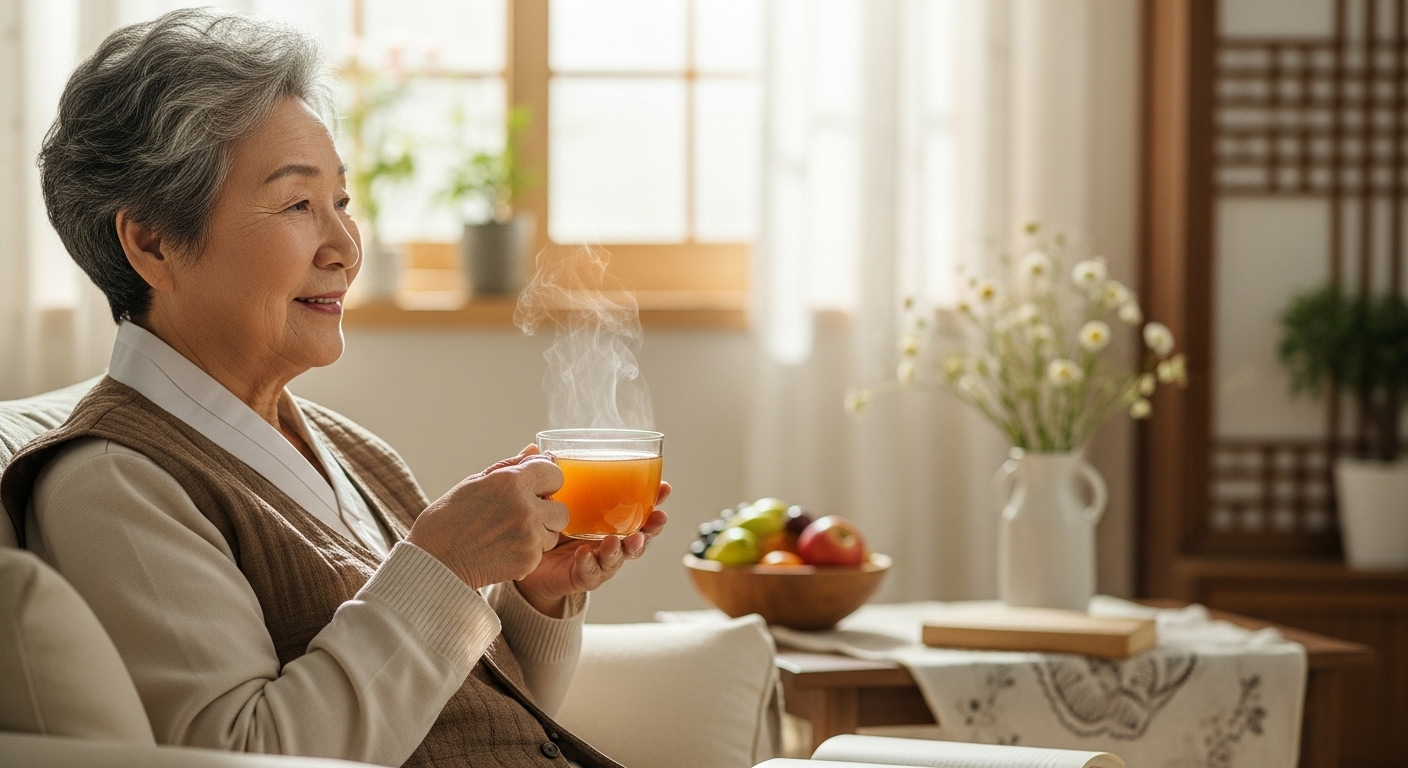 따뜻한 햇살이 드는 거실에서 편안하게 앉아 여주차 한 잔을 들고 미소 짓는 노년의 여성. 건강하고 평화로운 시니어의 일상.