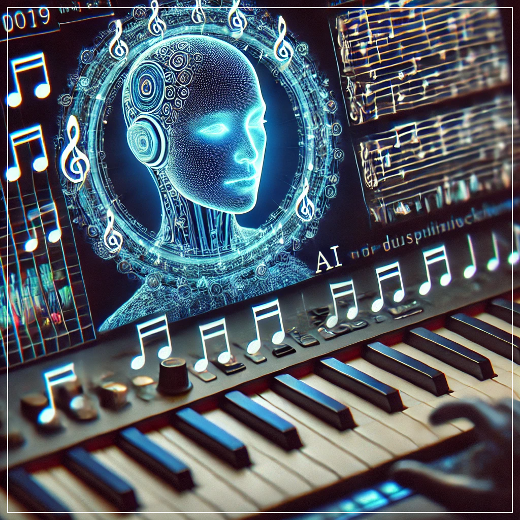 AI 작곡 소프트웨어가 디지털 인터페이스에서 멜로디를 생성하는 장면을 표현한 이미지