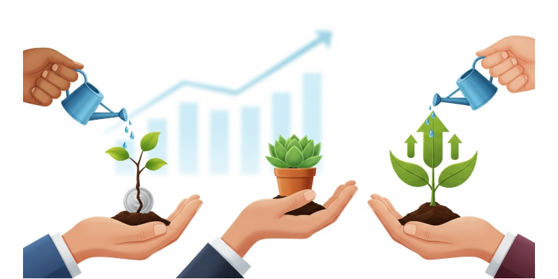 다양한 투자 자산을 나타내는 식물에 물을 주며 분산 투자의 중요성을 상징하는 손들의 일러스트.