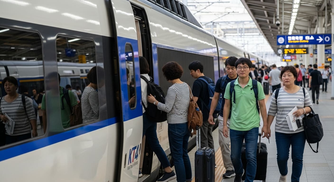 승강장에서 KTX 열차에 탑승하는 승객들