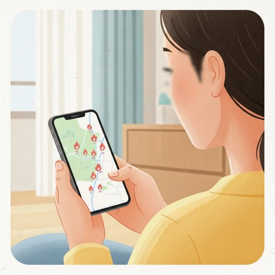 스마트폰으로 실시간 산불 정보를 확인하는 모습