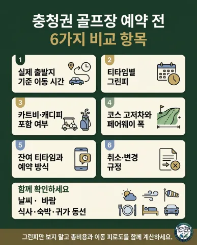 충청권 골프장 예약 전 이동 시간, 그린피, 카트비와 캐디피, 코스 난이도, 잔여 티타임, 취소 규정을 비교하는 6가지 항목