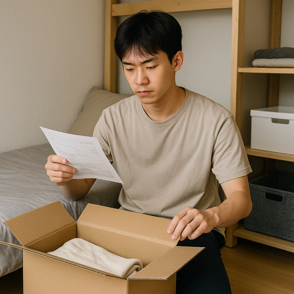 작은 자취방에서 이삿짐 박스를 정리하며 서류를 읽는 청년의 모습