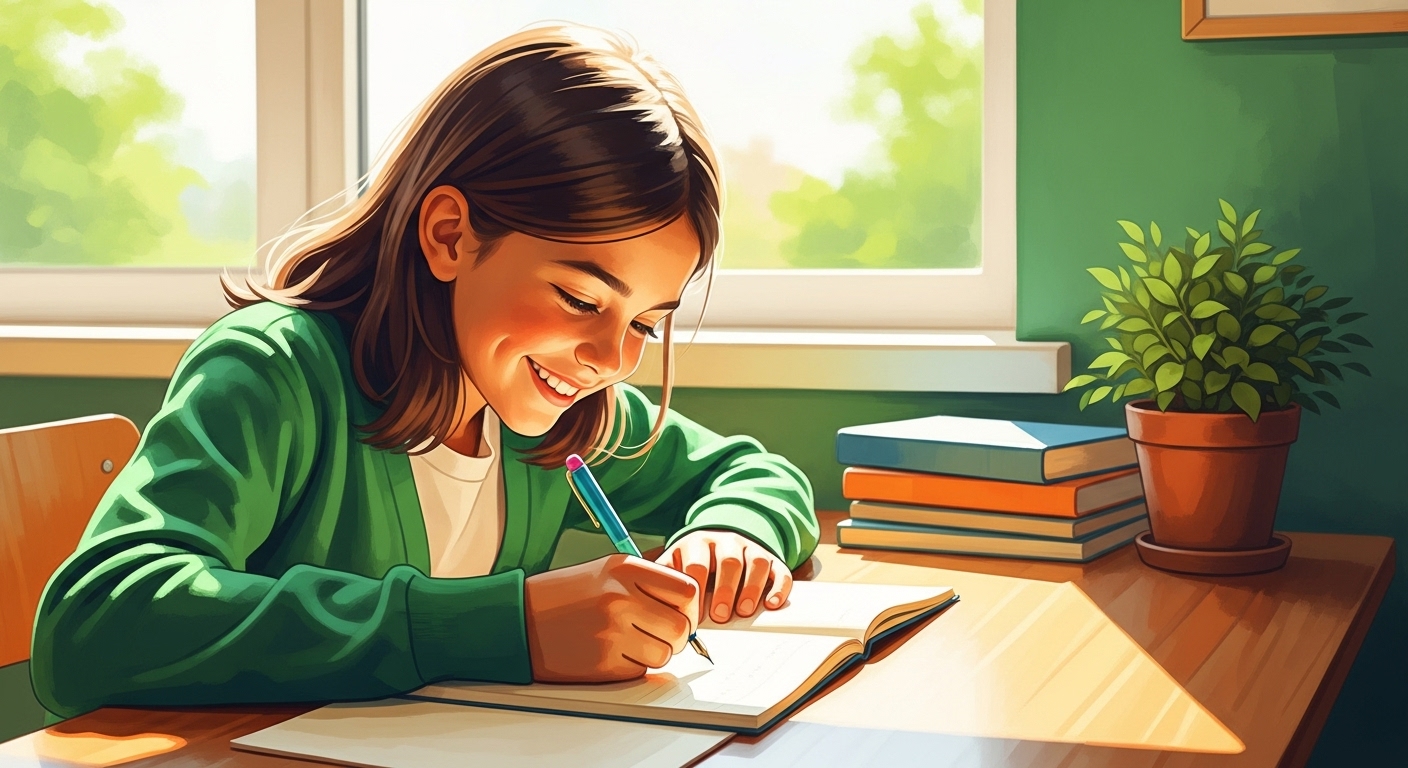 학생이 펜으로 일기를 쓰는 모습, 집중력과 창의력 향상을 상징.
