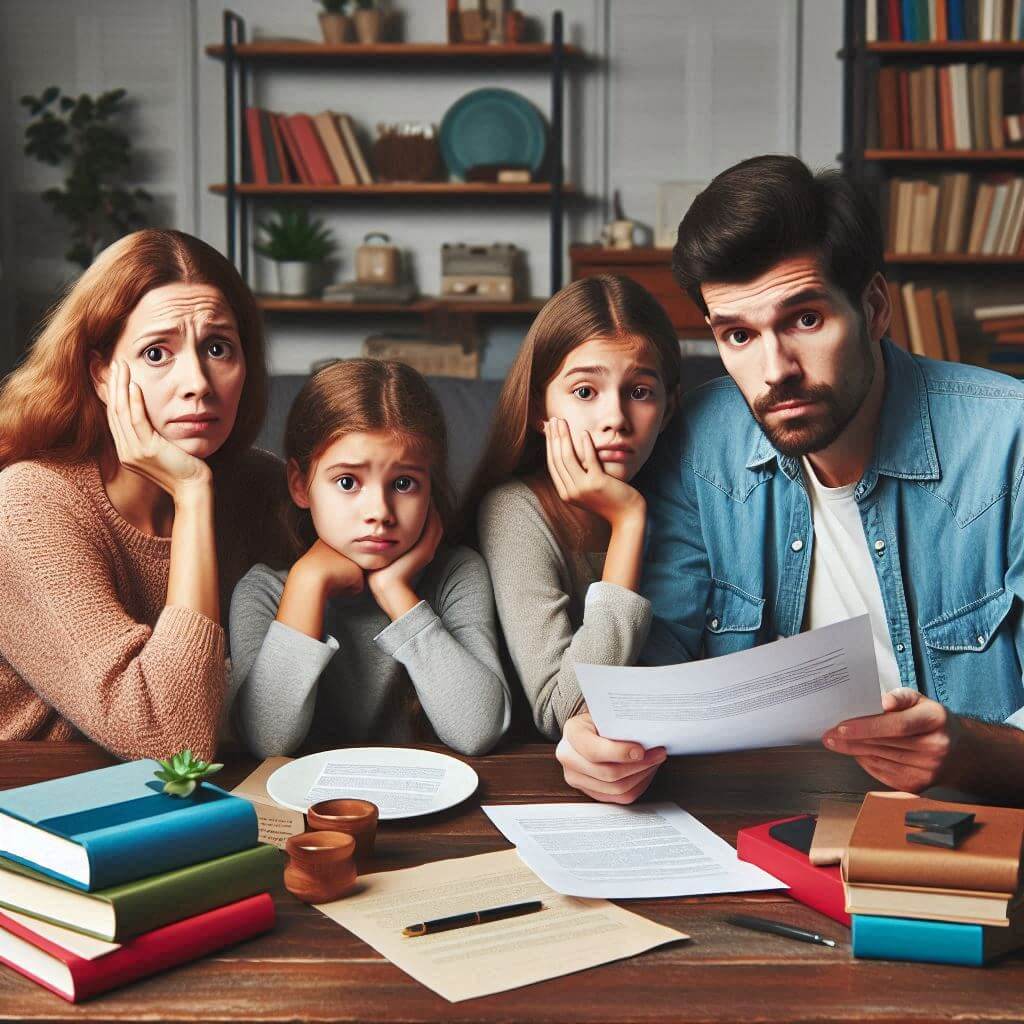 상속세 계산이 납득되지 않는 표정의 가족들 정면을 응시하고 있다.