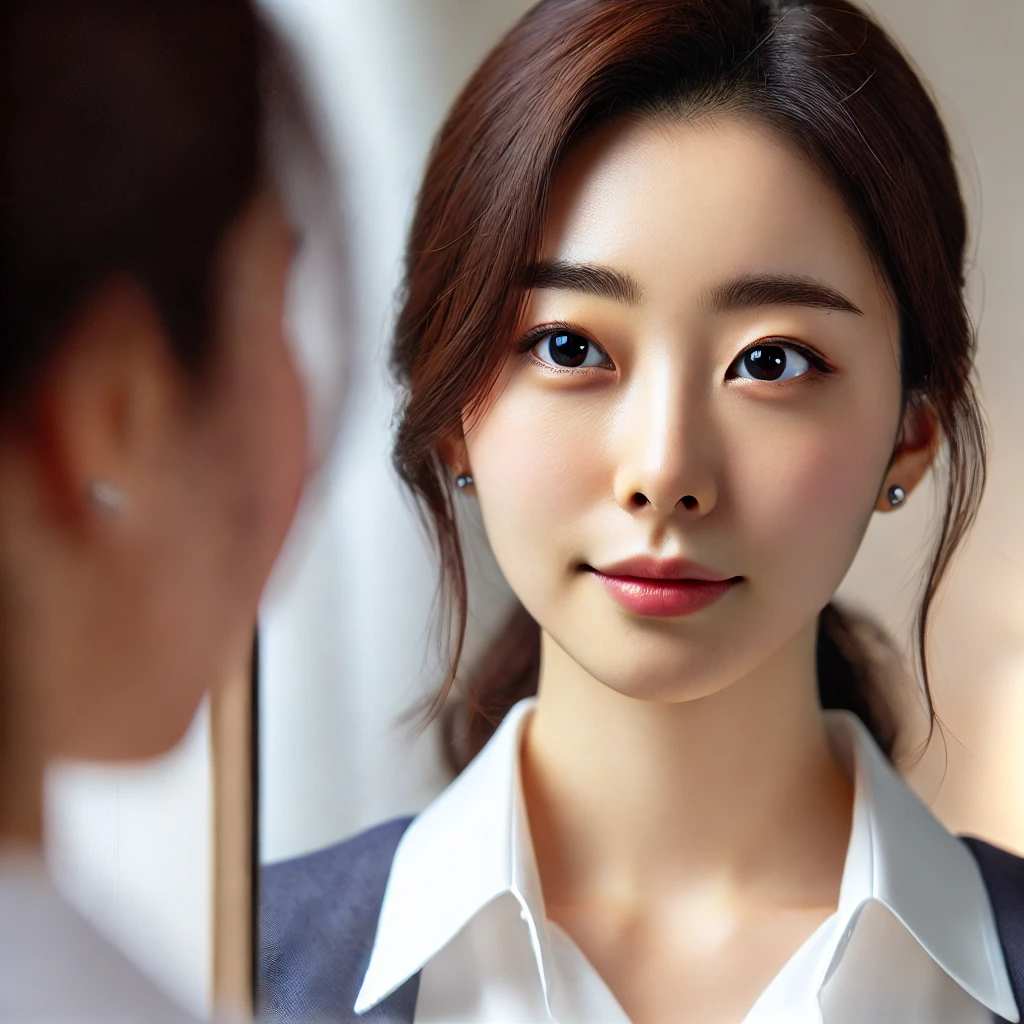 거울을 응시하며 차분하고 자신감 있는 표정을 짓는 젊은 여성&amp;#44; 자기 신뢰와 내면의 평화를 나타내는 장면