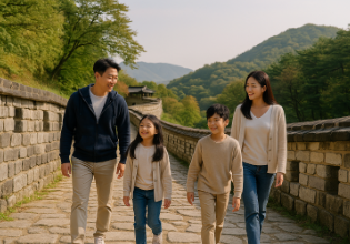 남한산성길을 산책하고 있는 가족 모습