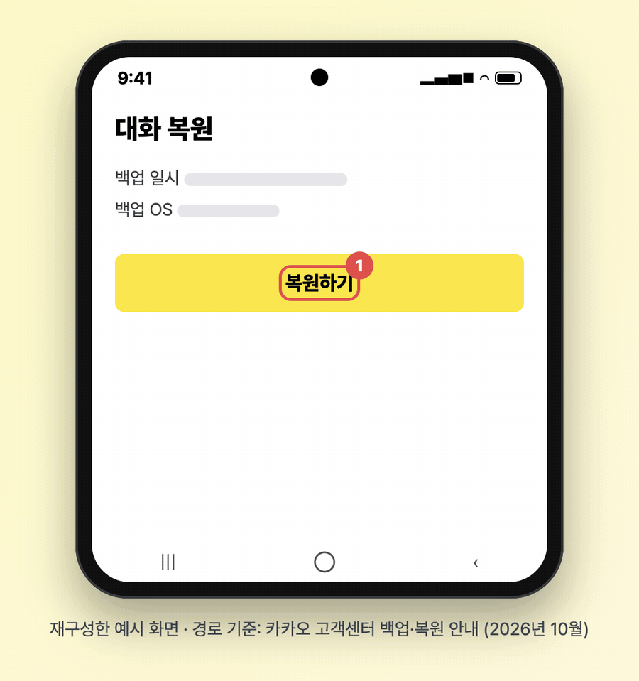 안드로이드 새 폰에서 카카오톡 대화 복원 화면의 복원하기와 비밀번호 입력 순서를 재구성한 움직이는 화면