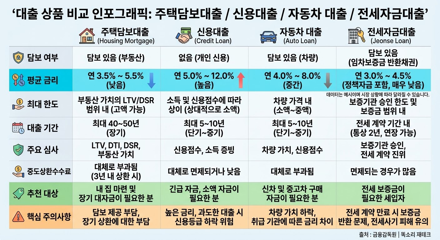 대출 종류별 금리 및 한도 비교 표 이미지