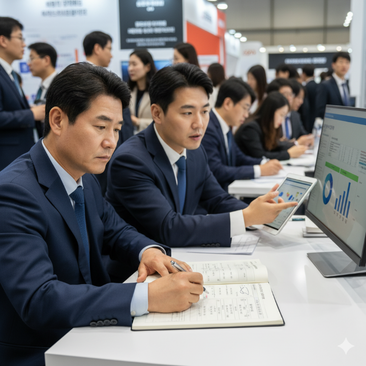 창업 컨설턴트와 진지하게 상담하며 메모하는 모습