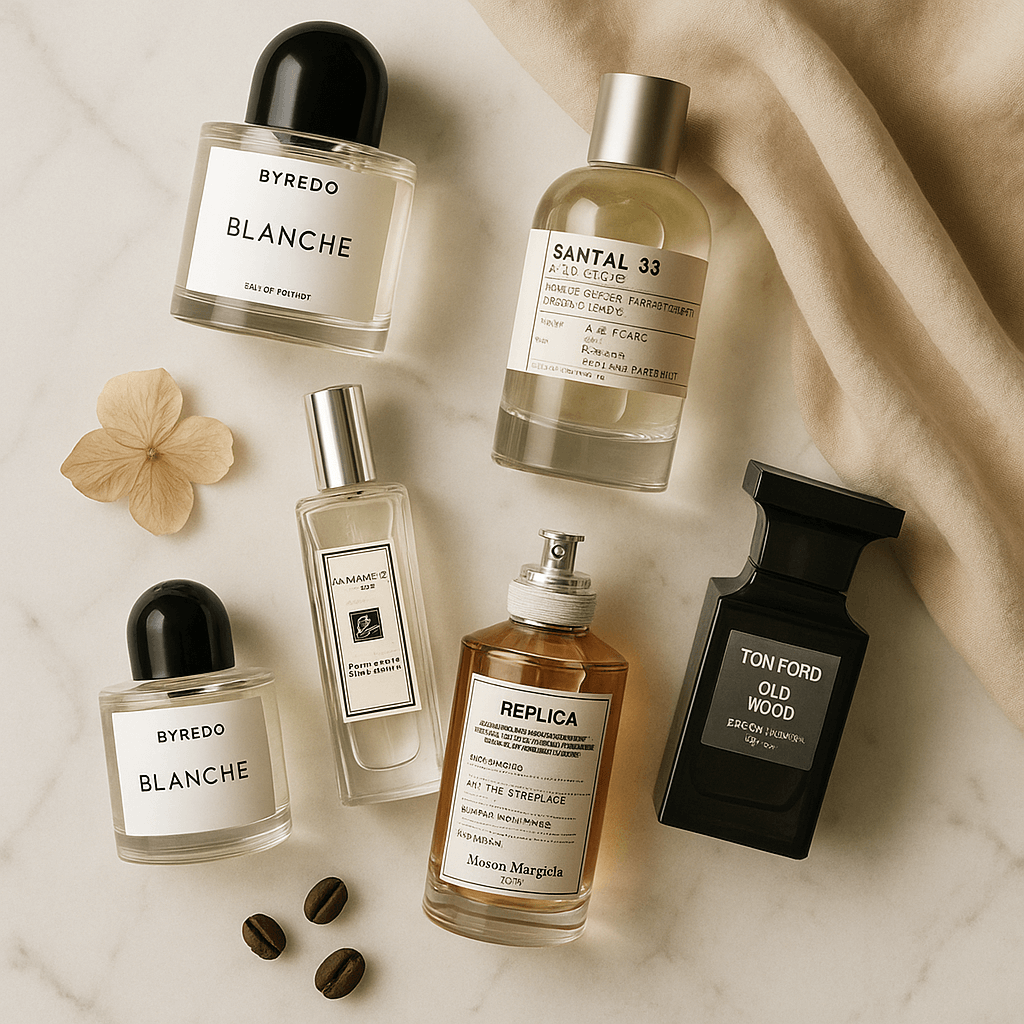 flat lay of five genderless perfumes &mdash; Byredo&nbsp;Blanche, Le Labo Santal 33, Jo Malone Wood&nbsp;Sage &amp; Sea&nbsp;Salt, Tom Ford Oud&nbsp;Wood, Maison Margiela By&nbsp;the&nbsp;Fireplace &mdash; on white marble with beige fabric, dried flower and coffee beans