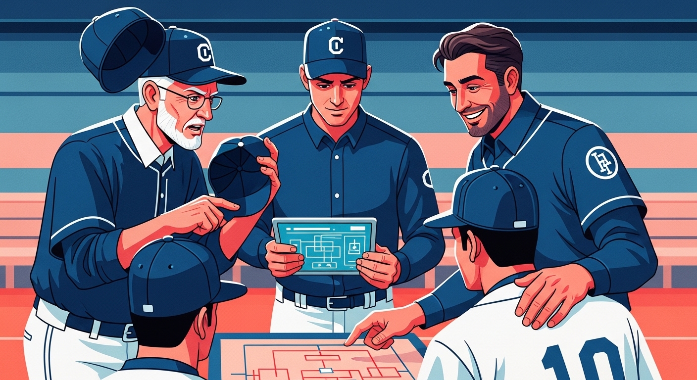 서로 다른 리더십 스타일을 가진 세 명의 야구 감독들이 전술판을 보며 논의하는 모습. 전통적인 감독, 데이터 분석가, 선수 친화적인 멘토가 조화를 이루는 장면.