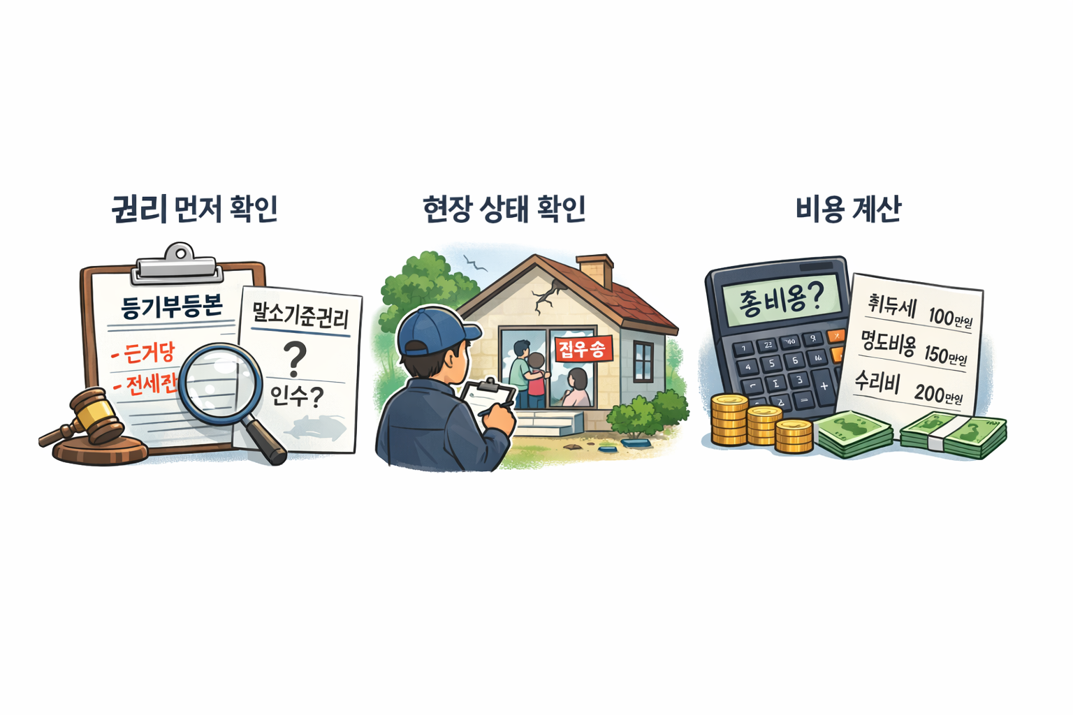 경매 물건 보는 순서 3단계 - 권리 확인, 현장 상태 점검, 비용 계산 인포그래픽