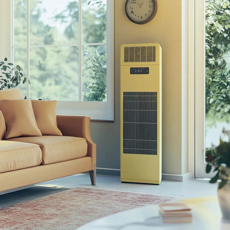 스마트 홈 환경에서 스탠드 에어컨이 편안함과 효율성을 높이며 실내 공간과 완벽히 조화됩니다. 개방형 거실 공간과 현대 건축의 섬세함을 자연스럽게 강조합니다.