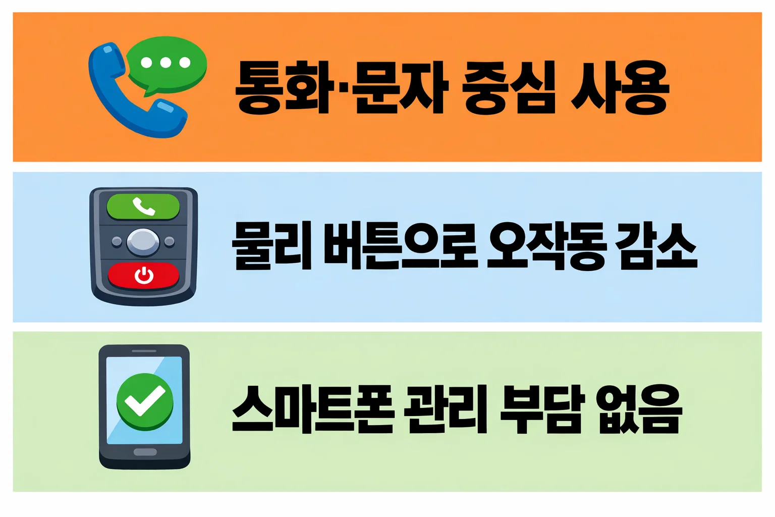 효도폰 폴더폰이 통화와 문자 위주로 사용되는 이유와 부모님에게 적합한 사용 환경을 설명한 이미지