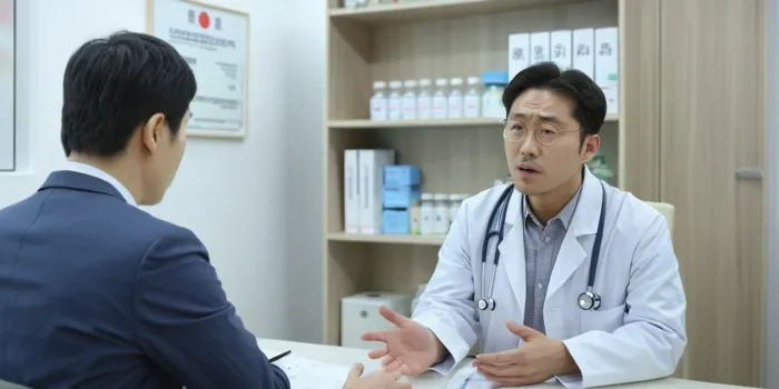 진료실에서 의사와 건강 문제를 상담하는 장면