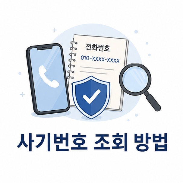 스마트폰과 전화번호, 방패, 돋보기로 표현한 사기번호 조회 방법 안내 이미지
