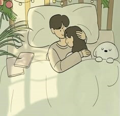 창가로는-빛이-들어오고-남성이-침대에서-여성을-사랑스럽게-안고있는-모습
