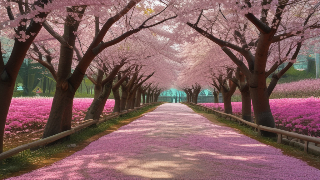 양쪽으로 늘어선 벚꽃 나무들