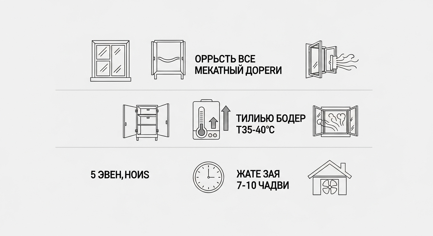 새집증후군 제거를 위한 베이크 아웃 절차를 단계별로 설명하는 인포그래픽.