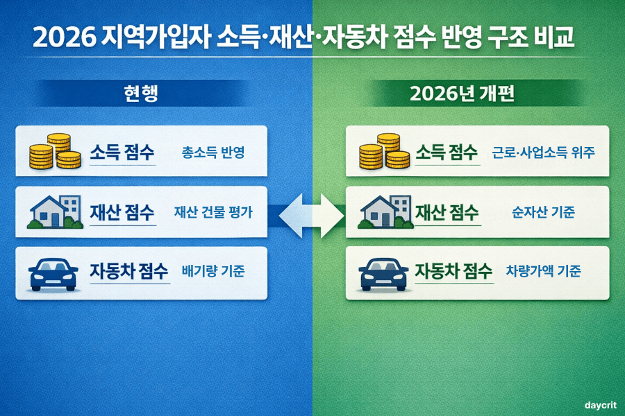 2026 지역가입자 소득&middot;재산&middot;자동차 점수 반영 구조 비교