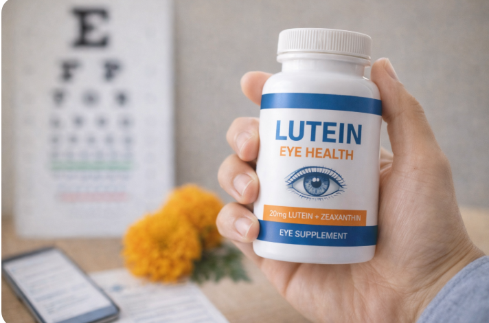 루테인 영양제 병을 손에 들고 있는 모습. 배경에는 시력 검사표와 스마트폰, 마리골드 꽃이 놓여 있어 눈 건강과 루테인의 연관성을 강조함.