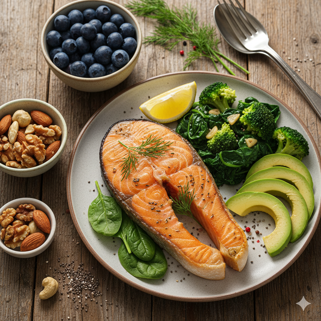 연어, 블루베리, 시금치 등 뇌 건강에 좋은 음식이 담긴 건강한 식탁