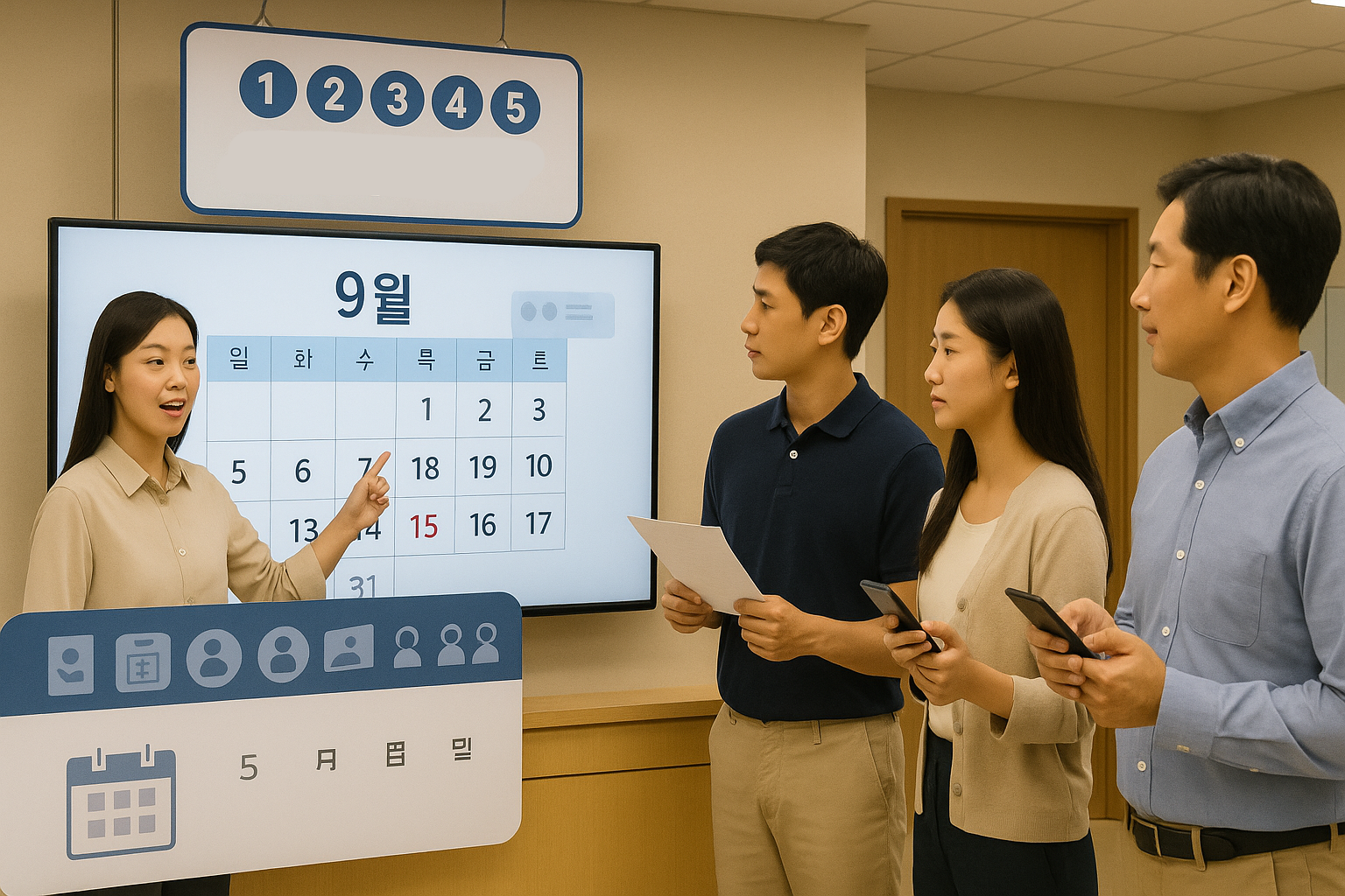 정부민원센터 내부, 대형 스크린에 달력 표시가 있고 9월 15일이 붉은색으로 강조됨