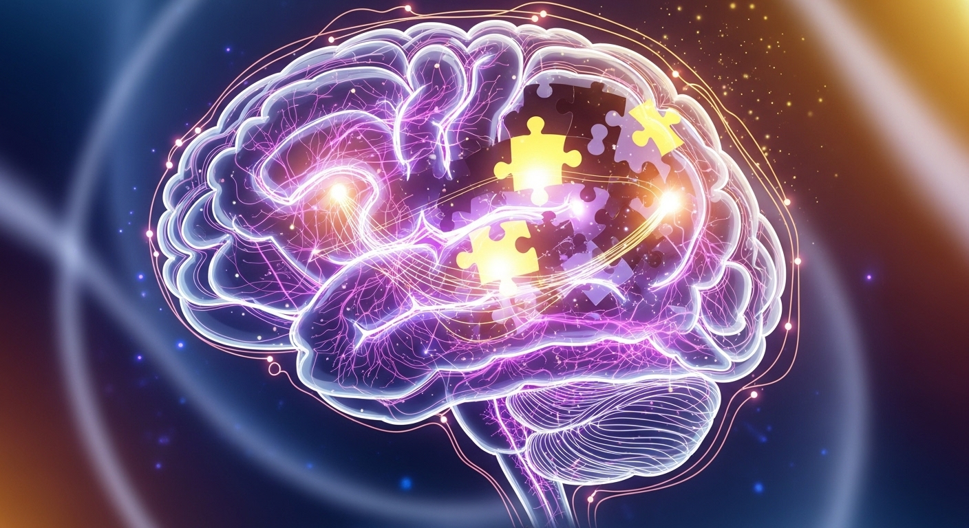 활발하게 연결된 신경망을 가진 뇌가 퍼즐 조각으로 가볍게 자극되는 모습, 뇌 자극 놀이 이미지