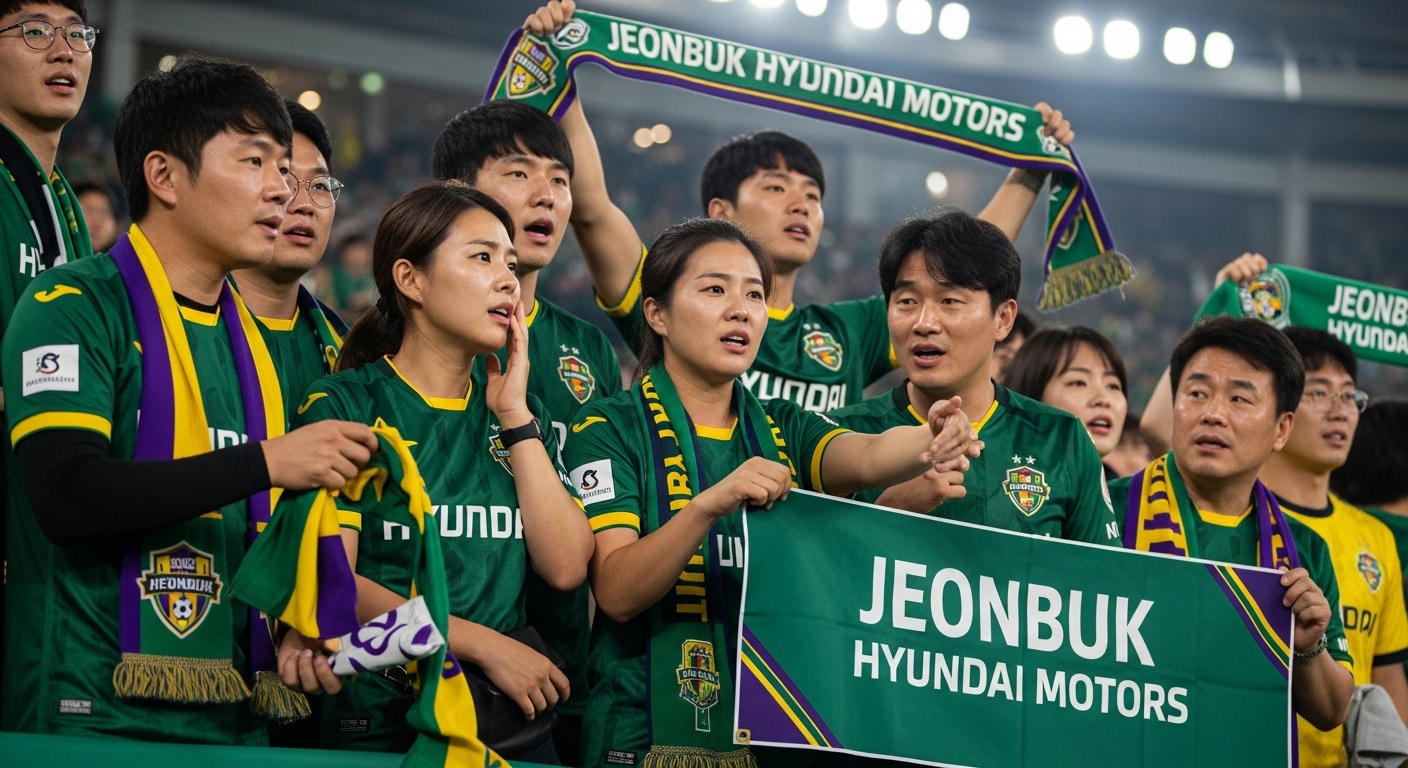 전북 현대 유니폼을 입은 팬들이 경기장에서 포옛 감독의 거취에 대해 열띤 토론을 벌이며 기대와 불안감을 드러내는 모습.