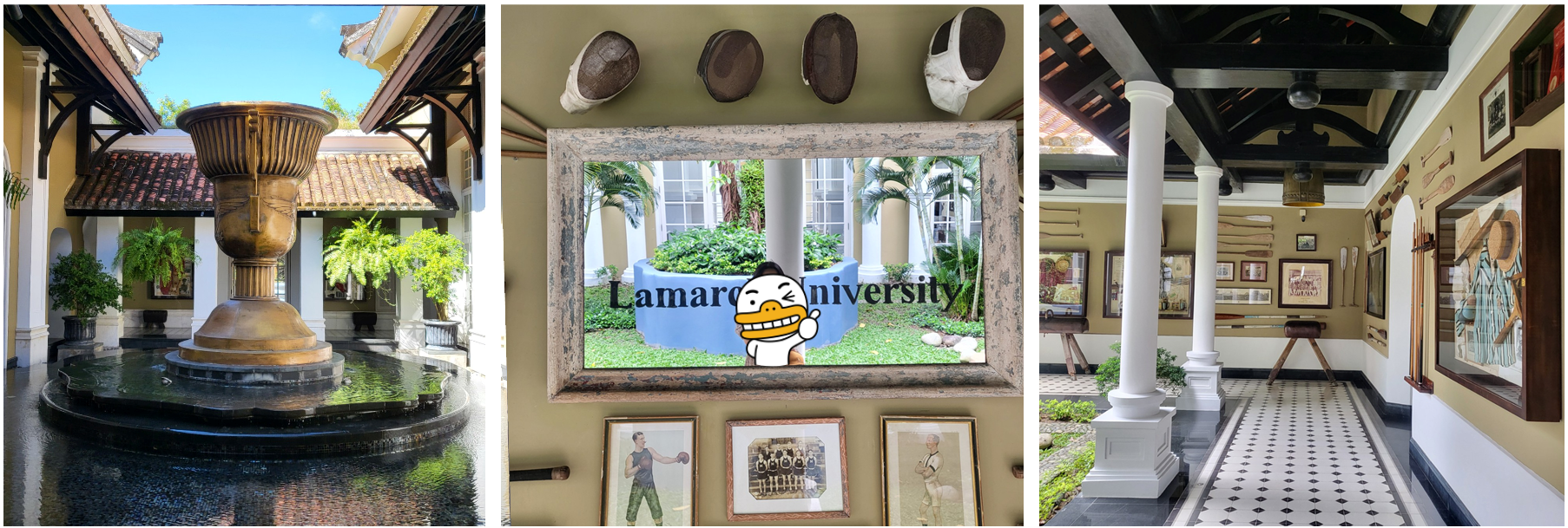 메인 로비 우승컵 분수대와 복도에 가득한 대학교 컨셉 장식들