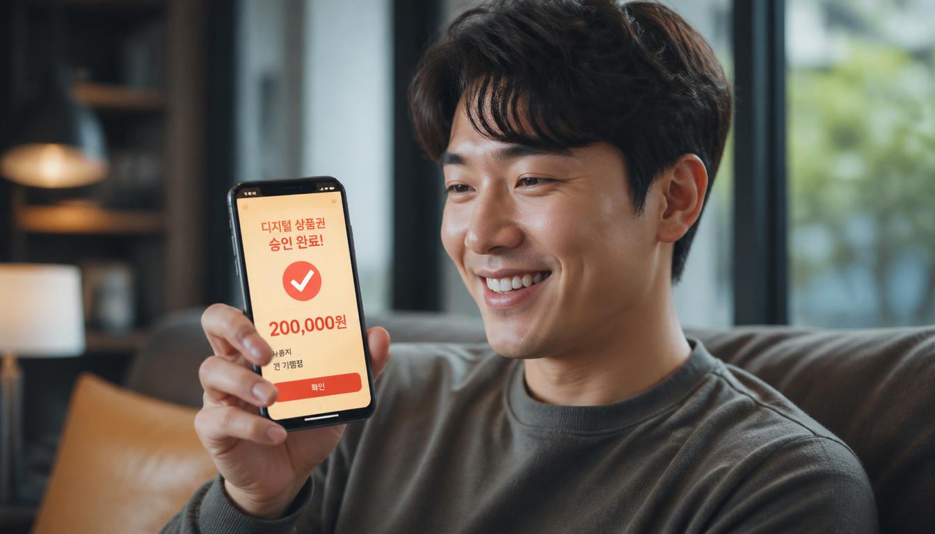깔끔하게 정돈된 책상에서 노트북과 스마트폰을 활용해 2026 민생회복 소비쿠폰 지원 대상 자격을 진지하게 확인하고 있는 30대 한국인 남성의 모습.