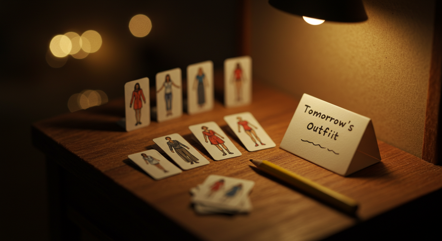 밤 조명 아래 미니어처 의상 카드들을 고르며 다음날 코디를 메모하는 틸트쉬프트 마무리 장면