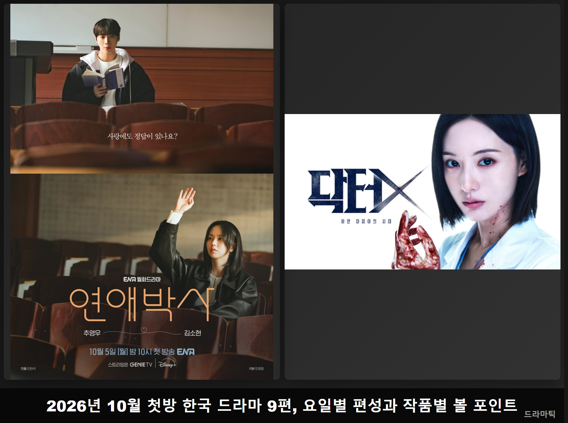 포스터/키아트 자료: 연애박사 · 닥터X: 하얀 마피아의 시대(YTN, SBS) · 비교 편집: 드라마틱