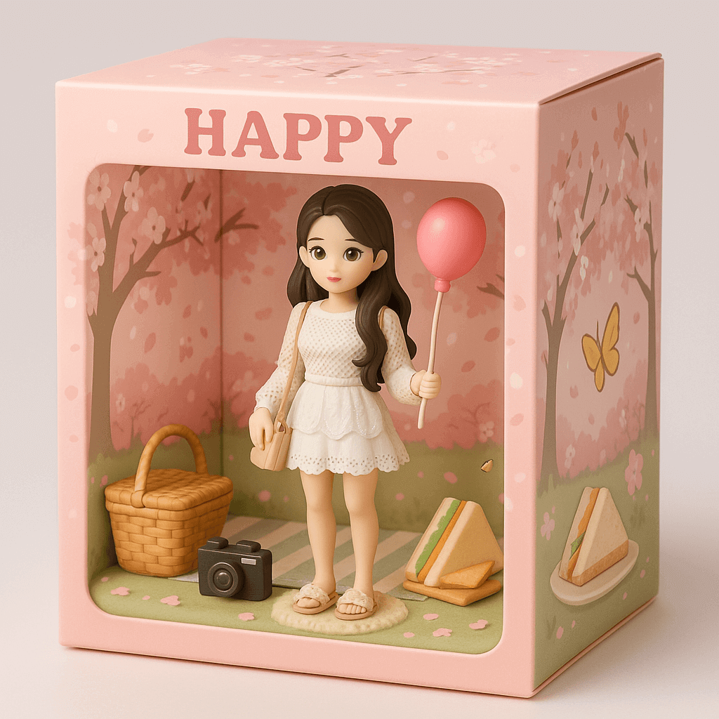 프롬프트 '벚꽃 테마. 캐릭터는 박스 중앙, 박스는 정육면체. 소품은 피크닉 바구니, 돗자리, 카메라, 분홍 풍선, 샌드위치, 노란 나비, 박스 상단에는 피규어 이름인 "HAPPY"라 적혀있어.'로 생성된 AI 이미지