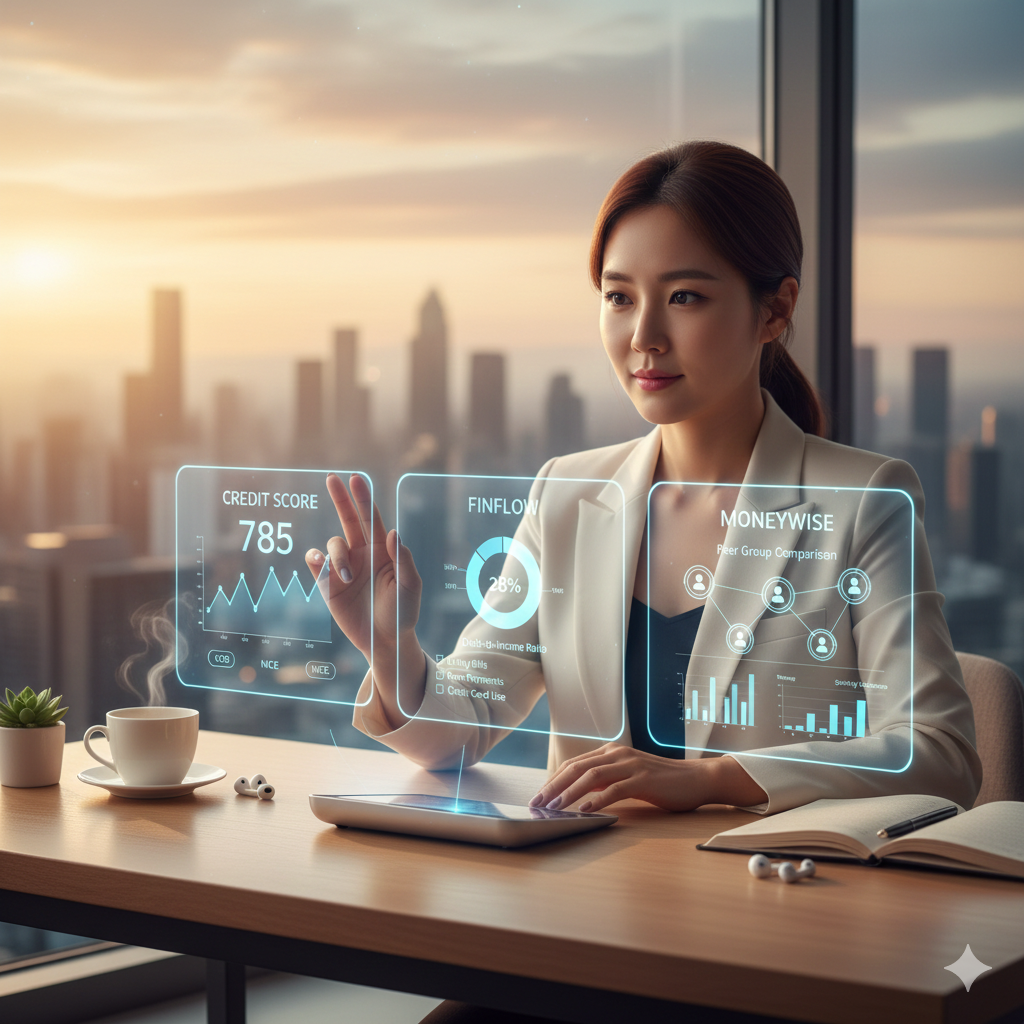커피를 마시며 책상에 앉은 젊은 여성 비즈니스맨이 홀로그램 금융 대시보드를 손으로 조작하는 모습. 대시보드에는 Credit Score(785), FinFlow(28% 원형), MoneyWise 피어 비교 바 차트, 지출 분석 그래프 등이 표시되어 있고, 창밖으로 도시 스카이라인이 보인다.