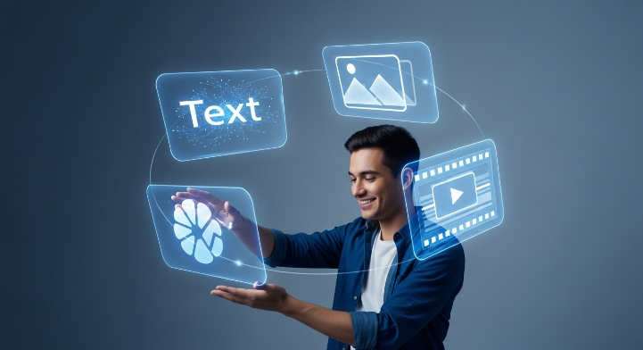 다양한 AI 도구(텍스트, 이미지, 영상 생성)를 활용하여 콘텐츠를 효율적으로 제작하는 크리에이터의 모습. AI가 콘텐츠 제작 과정을 간소화하는 것을 상징합니다.