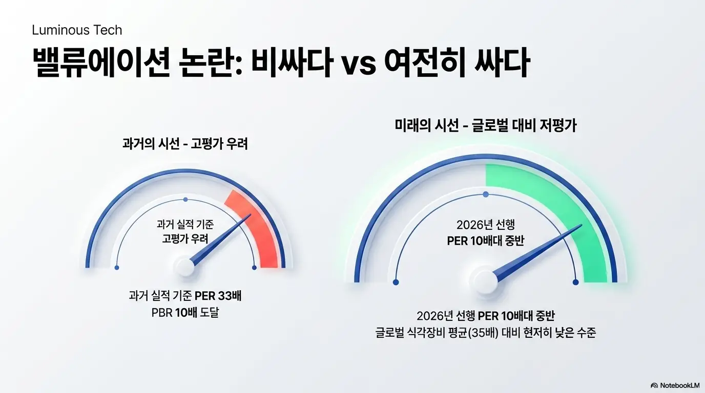 브이엠 주가 전망: 브이엠 밸류에이션 논란을 두 개의 계기판으로 대비한 그래픽. 과거 실적 기준 PER 33배&middot;PBR 10배로 고평가를 우려하는 시선과&amp;#44; 2026년 선행 PER 10배대 중반으로 글로벌 식각장비 평균 35배 대비 저평가로 보는 시선을 나란히 시각화해 브이엠 목표주가 판단의 쟁점을 설명함. 