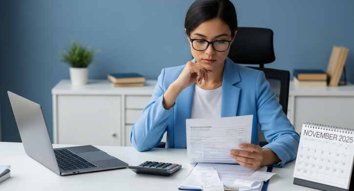 책상에 앉아 2025년 연말정산 서류와 계산기를 살펴보는 사람. 의료비와 교육비 지출을 꼼꼼하게 점검하며 세금 혜택을 준비하는 모습.
